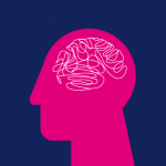 Pinker Kopf mit Querschnitt des Gehirns, Blickrichtung nach links