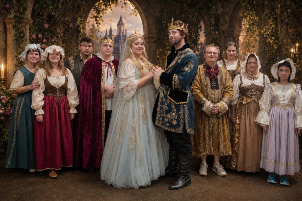 In der Mitte stehen Königin und König und halten sich an den Händen. Dahinter stehen die anderen Bewohner*innen und Diener*innen im Schloss.